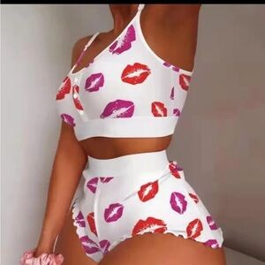 2 Piece Cami-Short White Kiss Lips Pajama Set